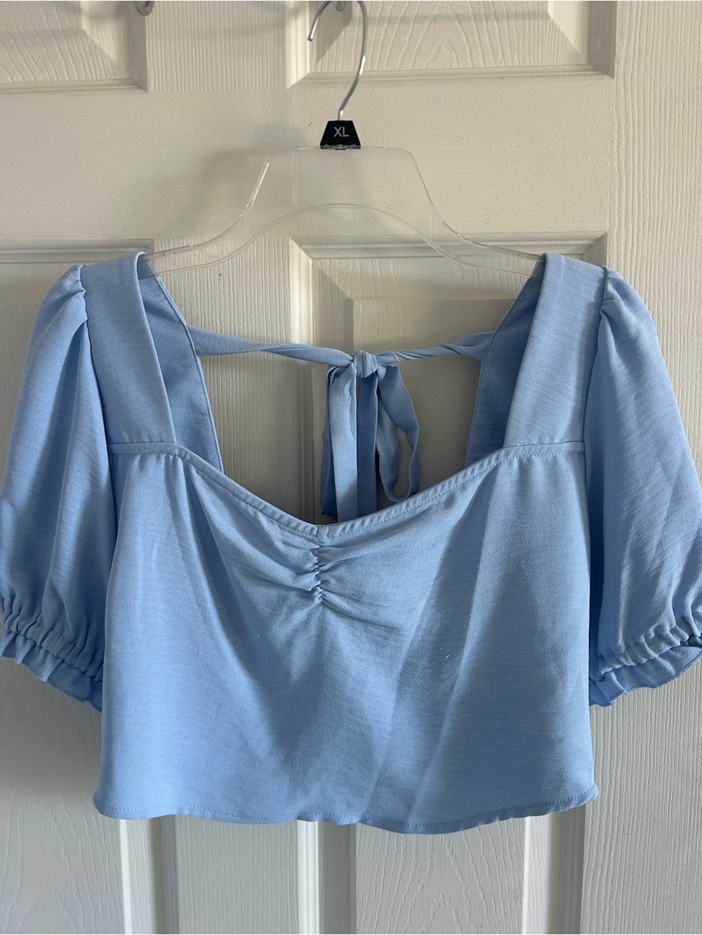 Light Blue Puff-Sleeve Crop Top with Back Tie